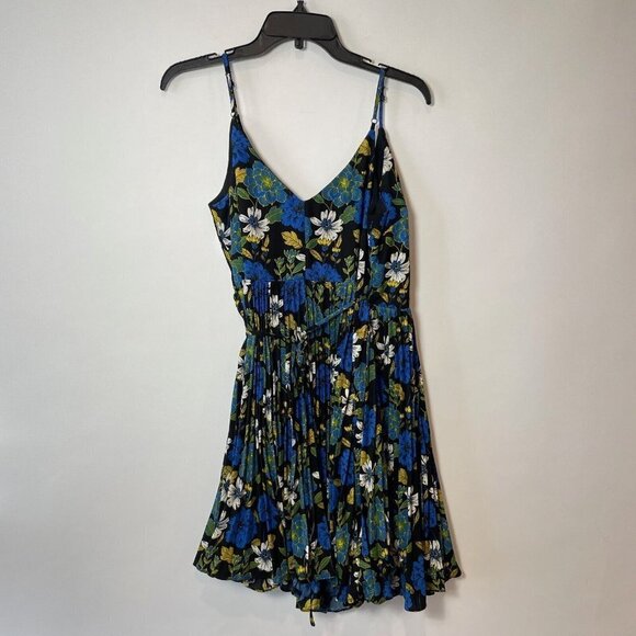 Lost + Wander Pisces Floral Mini Spaghetti Wrap Dress Blue S V-neck Pleated - Picture 2 of 10